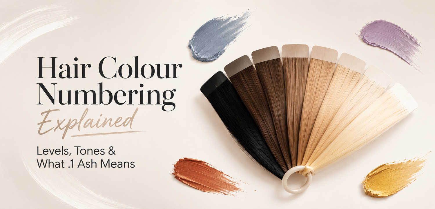 Hair colour swatch fan showing levels from black to blonde with ash, gold, copper and violet tone accents.