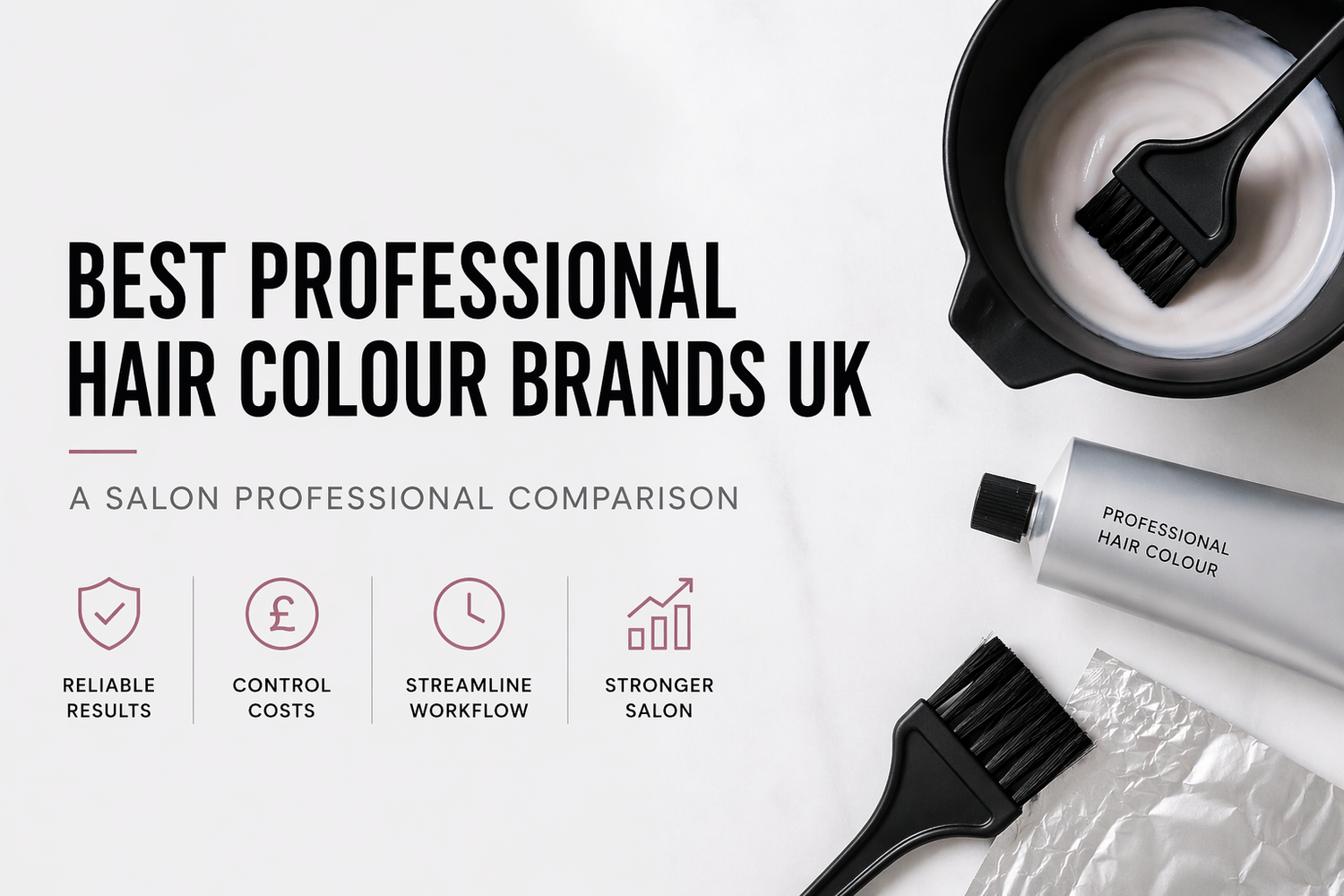 Minimalist blog header image with a light neutral background, featuring the headline “Best Professional Hair Colour Brands UK” alongside salon colour tools including a tint bowl, brush, and a tube of professional hair colour arranged neatly on the right.