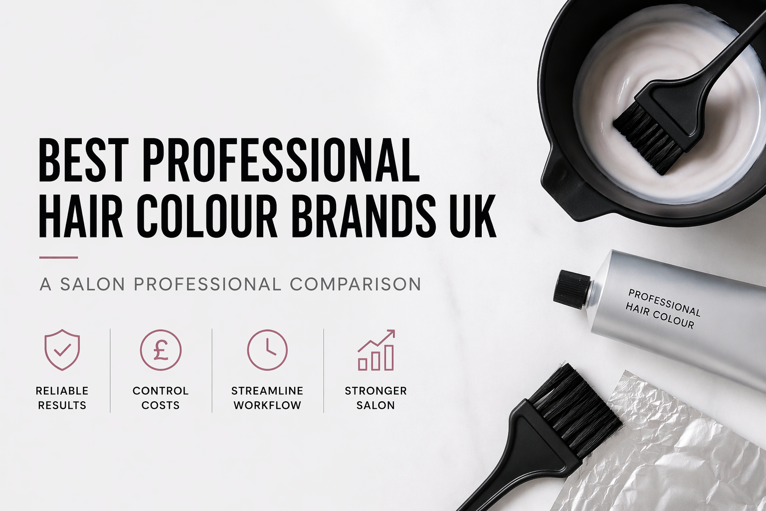 Minimalist blog header image with a light neutral background, featuring the headline “Best Professional Hair Colour Brands UK” alongside salon colour tools including a tint bowl, brush, and a tube of professional hair colour arranged neatly on the right.