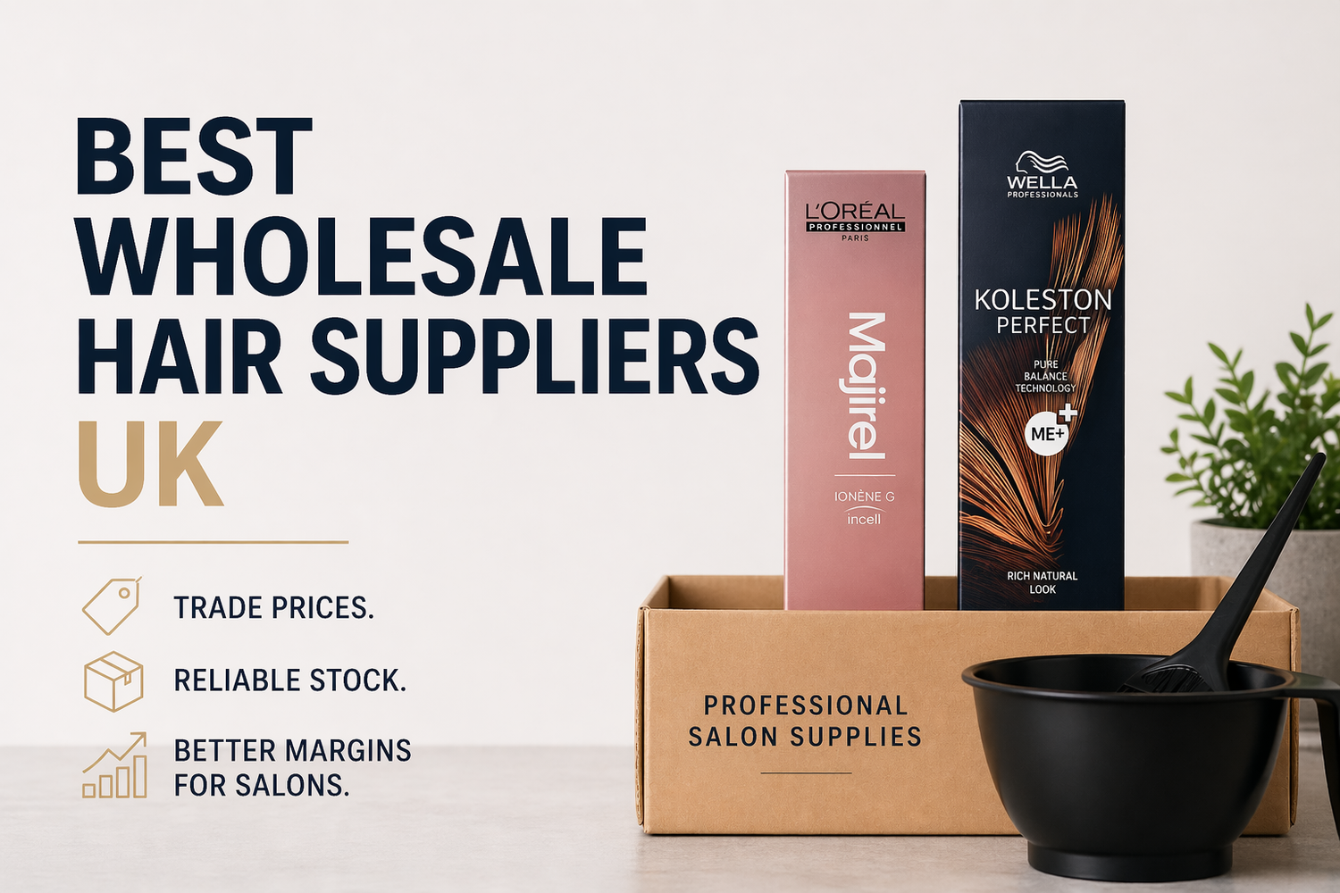 Minimalist promotional image showing “Best Wholesale Hair Suppliers UK” text alongside professional salon products, including L’Oréal Majirel and Wella Koleston Perfect, in a clean studio setup with a mixing bowl and brush.