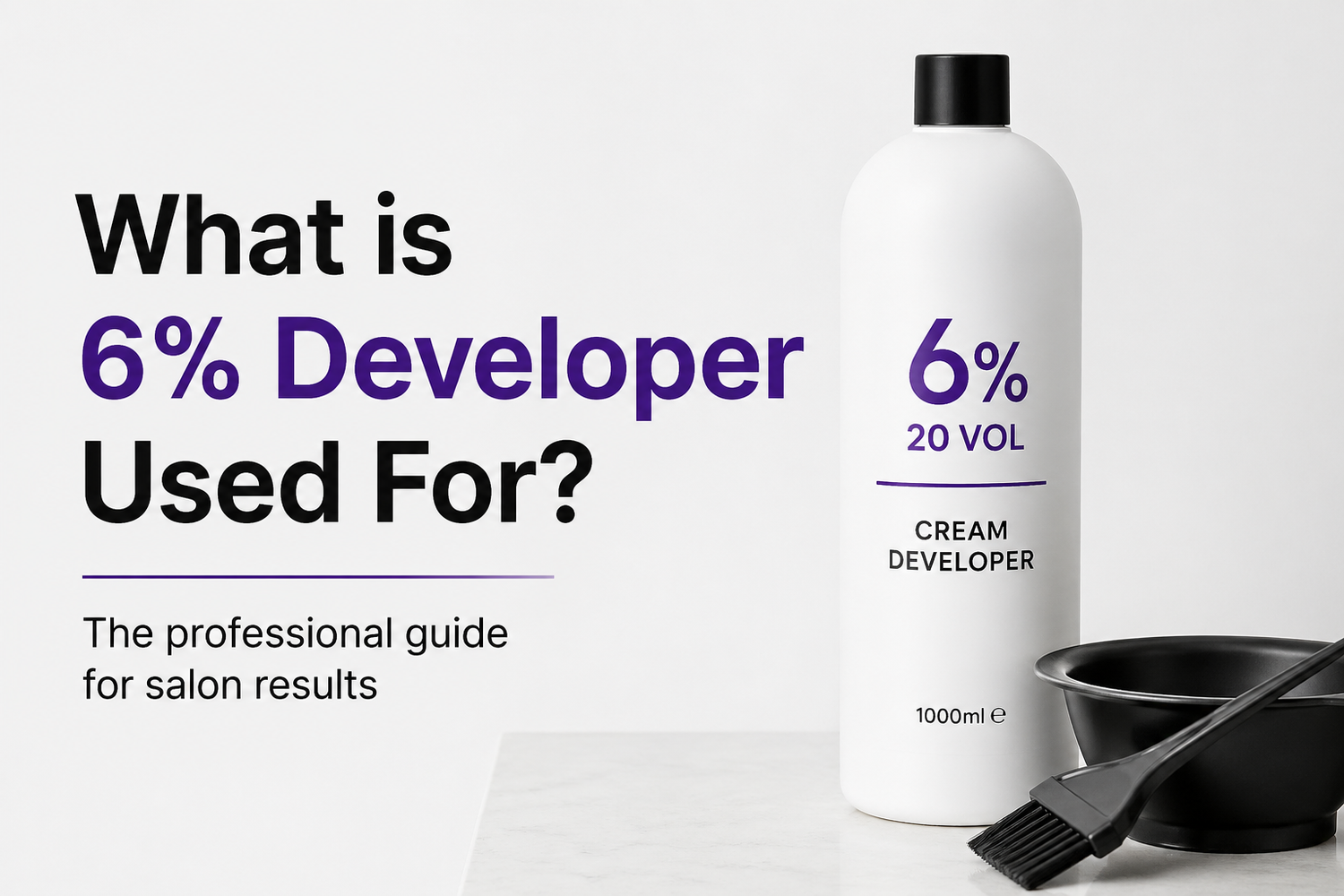 Professional salon guide explaining what 6% developer (20 vol) is used for in hair colouring, including grey coverage, permanent hair colour activation, and controlled lightening for salon professionals.