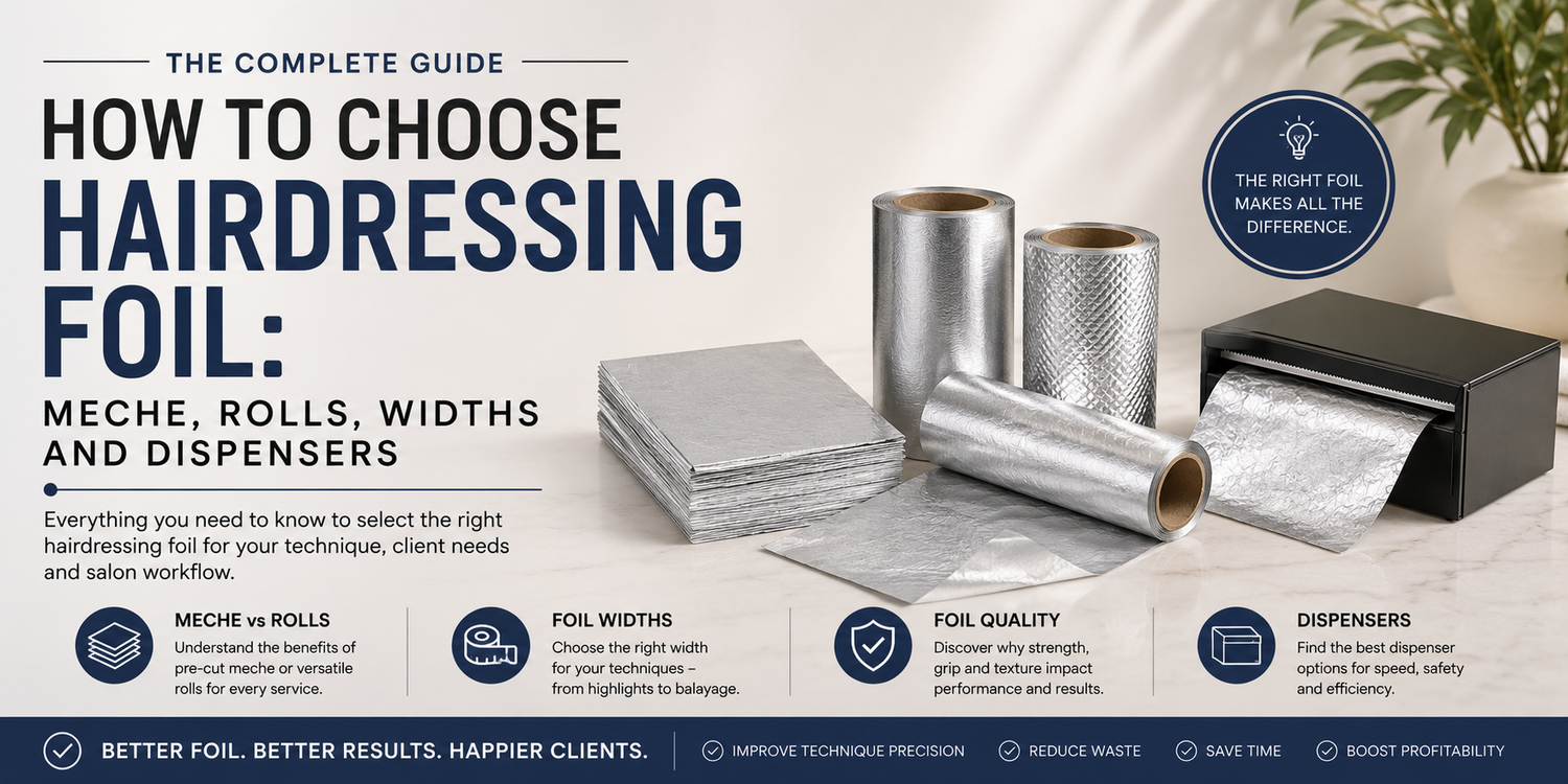 Professional blog banner featuring hairdressing foil rolls, meche sheets and a foil dispenser on a clean salon-inspired background for a guide to choosing salon foil.