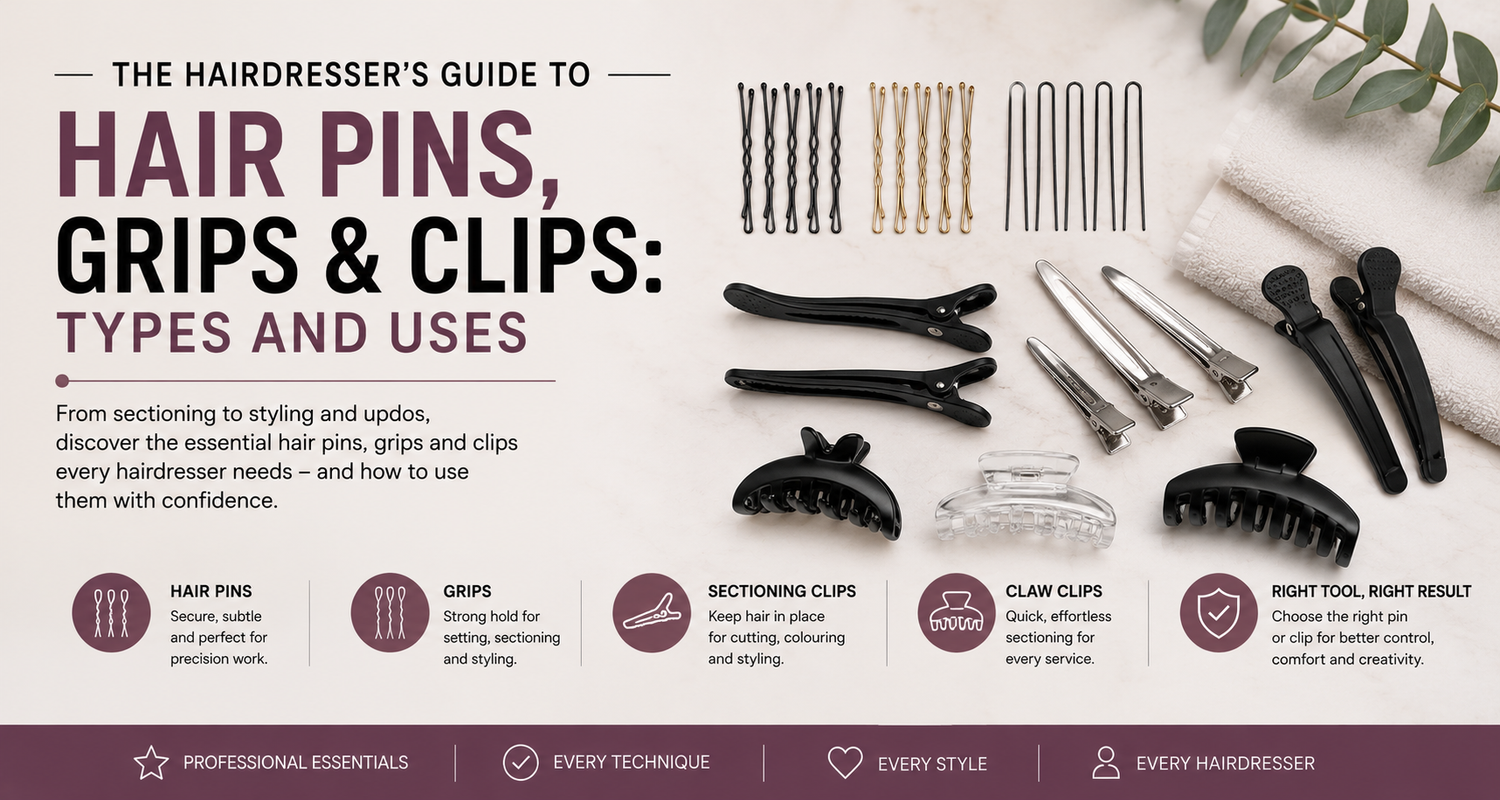 Professional hairdressing tools including hair pins, grips, sectioning clips and claw clips displayed in a salon-inspired guide layout.