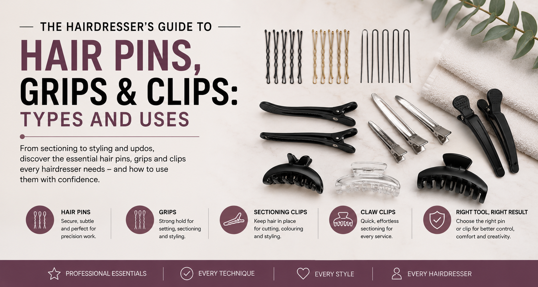 Professional hairdressing tools including hair pins, grips, sectioning clips and claw clips displayed in a salon-inspired guide layout.