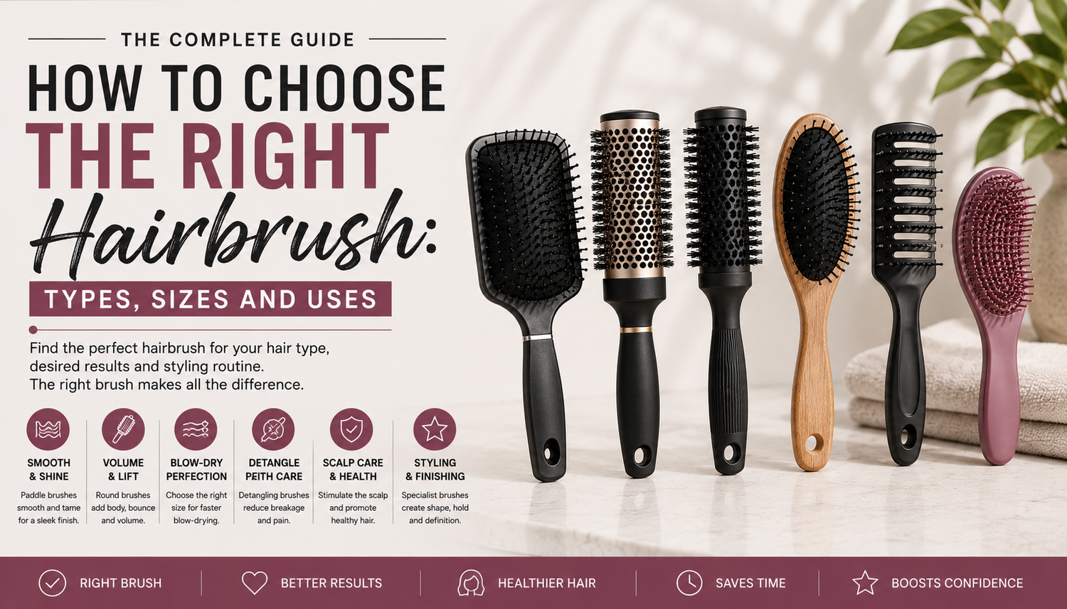 Professional hairbrush guide banner featuring paddle, round, vent and detangling brushes with educational styling information for salon professionals.