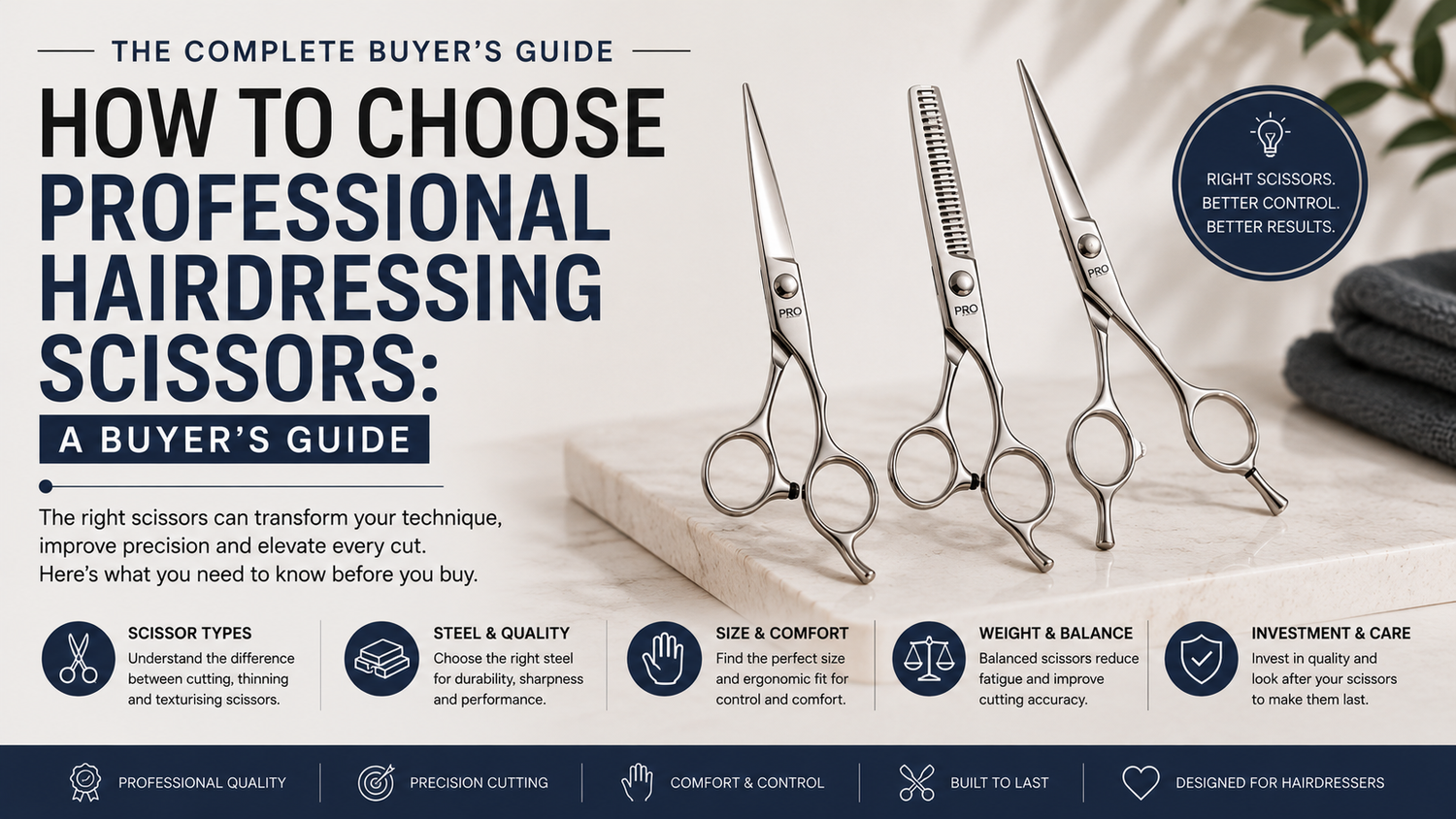Professional hairdressing scissors guide banner featuring cutting and thinning scissors with educational sections on scissor types, quality, sizing, ergonomics and salon performance.