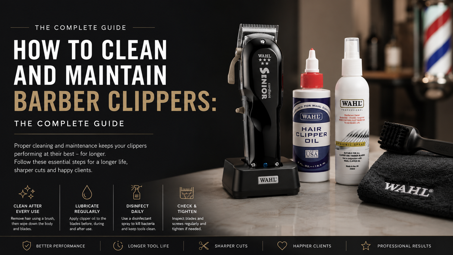 Professional barber clipper maintenance guide featuring a cordless clipper, clipper oil, hygienic spray and cleaning brush in a sleek barbershop-inspired layout.