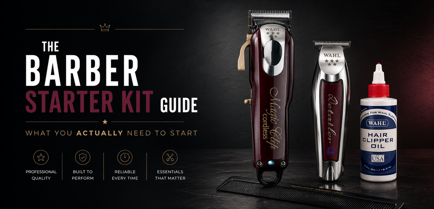Premium barber starter kit banner featuring a Wahl Magic Clip, Wahl Detailer trimmer, clipper oil and barber comb on a dark professional background.