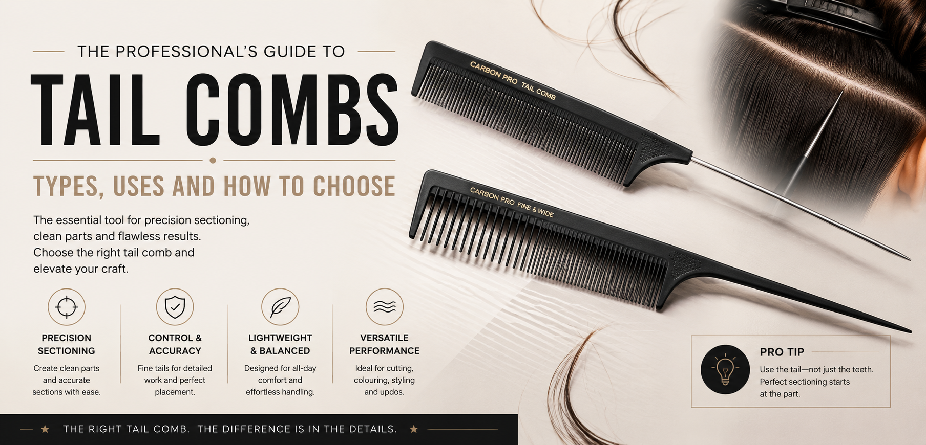 Professional tail comb guide banner featuring carbon tail combs, precision sectioning techniques and salon styling tools on a clean editorial background.