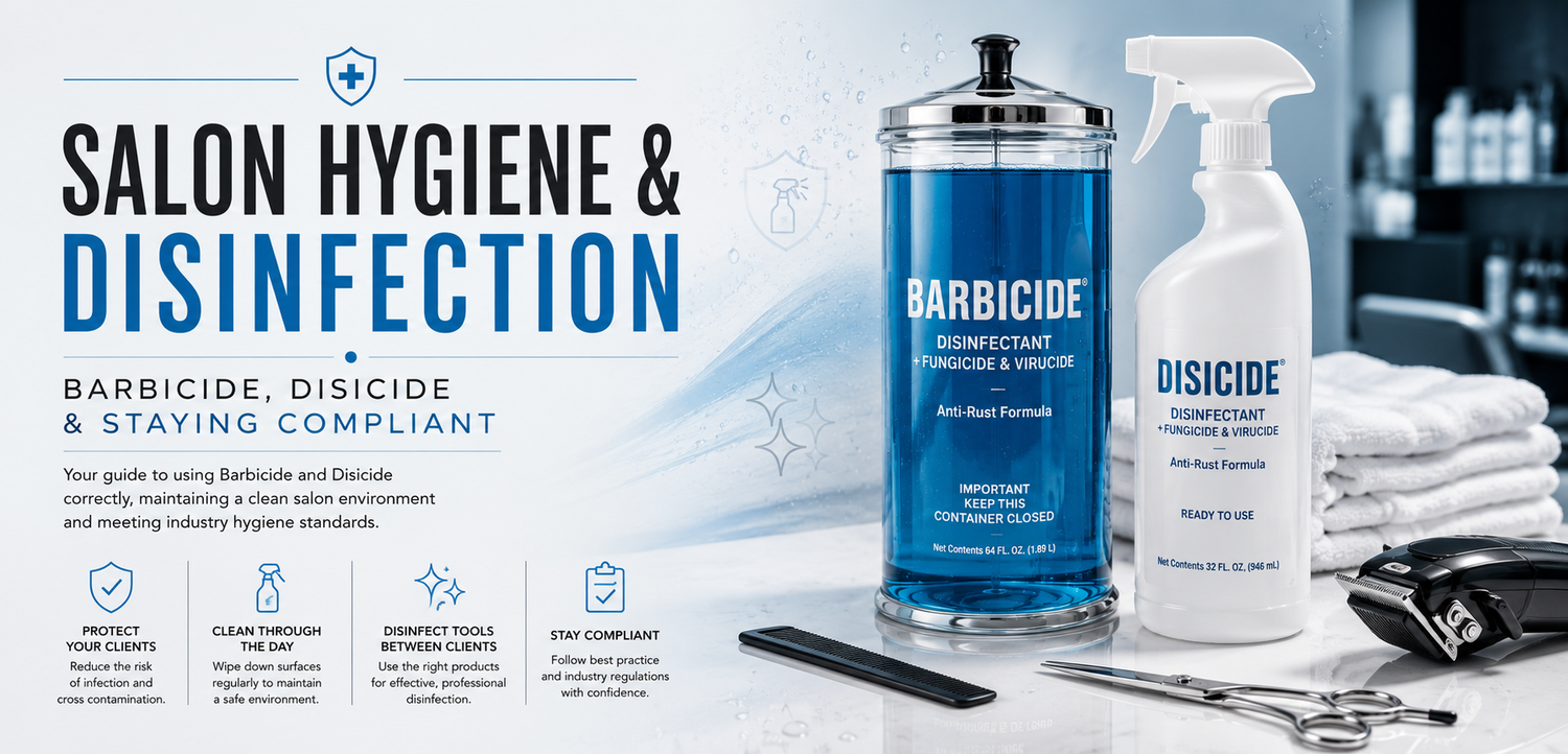 Professional salon hygiene guide banner featuring Barbicide disinfectant jar, Disicide spray, salon tools and clean workspace with blue sanitisation-themed design.
