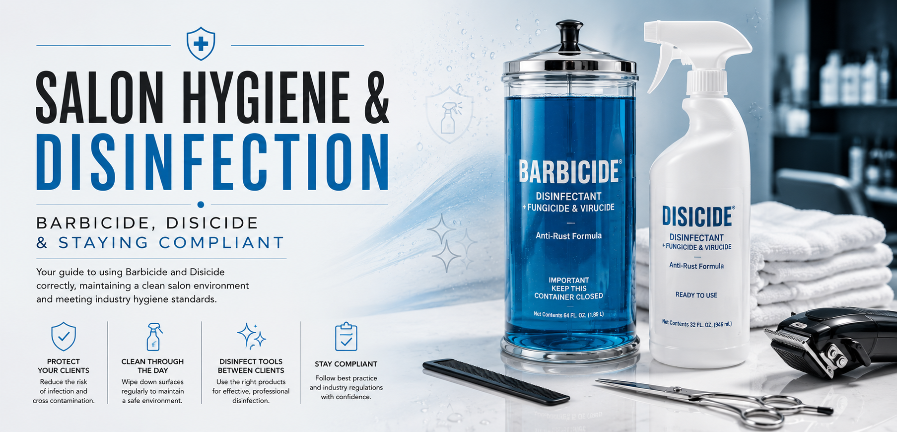 Professional salon hygiene guide banner featuring Barbicide disinfectant jar, Disicide spray, salon tools and clean workspace with blue sanitisation-themed design.