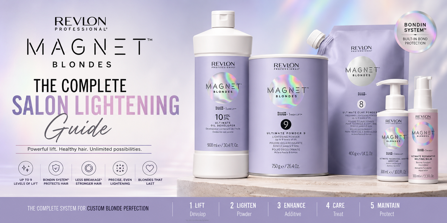 Revlon Professional Magnet Blondes lightening collection featuring developer, bleaching powders, technical additive and repair treatments for professional blonde services.