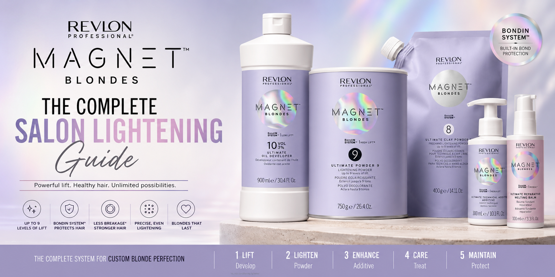Revlon Professional Magnet Blondes lightening collection featuring developer, bleaching powders, technical additive and repair treatments for professional blonde services.