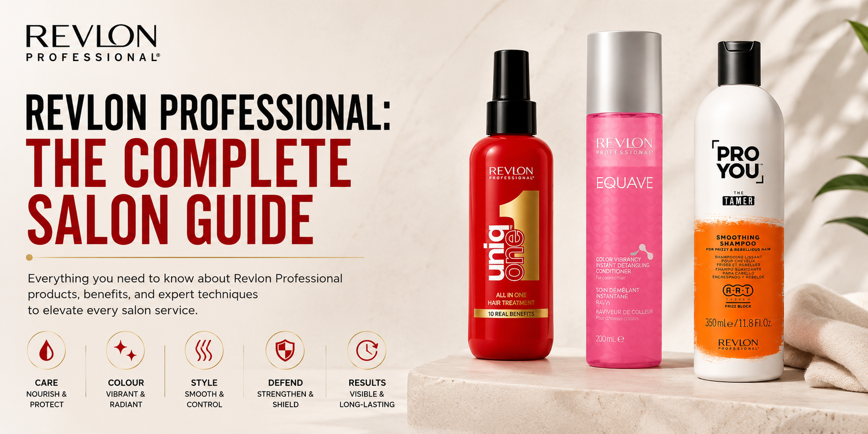 Revlon Professional blog banner featuring Uniq One, Equave and Pro You salon haircare products on a clean neutral background with complete salon guide text.