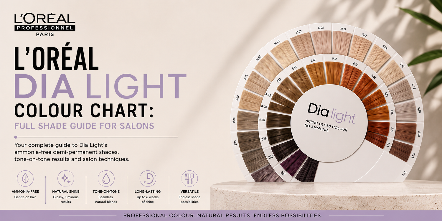 L'Oréal Dia Light colour chart banner featuring the full shade wheel with blonde, brunette, copper and violet tones on a clean salon-inspired background.