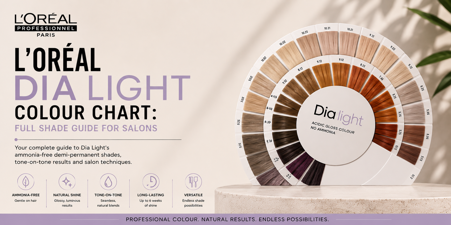 L'Oréal Dia Light colour chart banner featuring the full shade wheel with blonde, brunette, copper and violet tones on a clean salon-inspired background.
