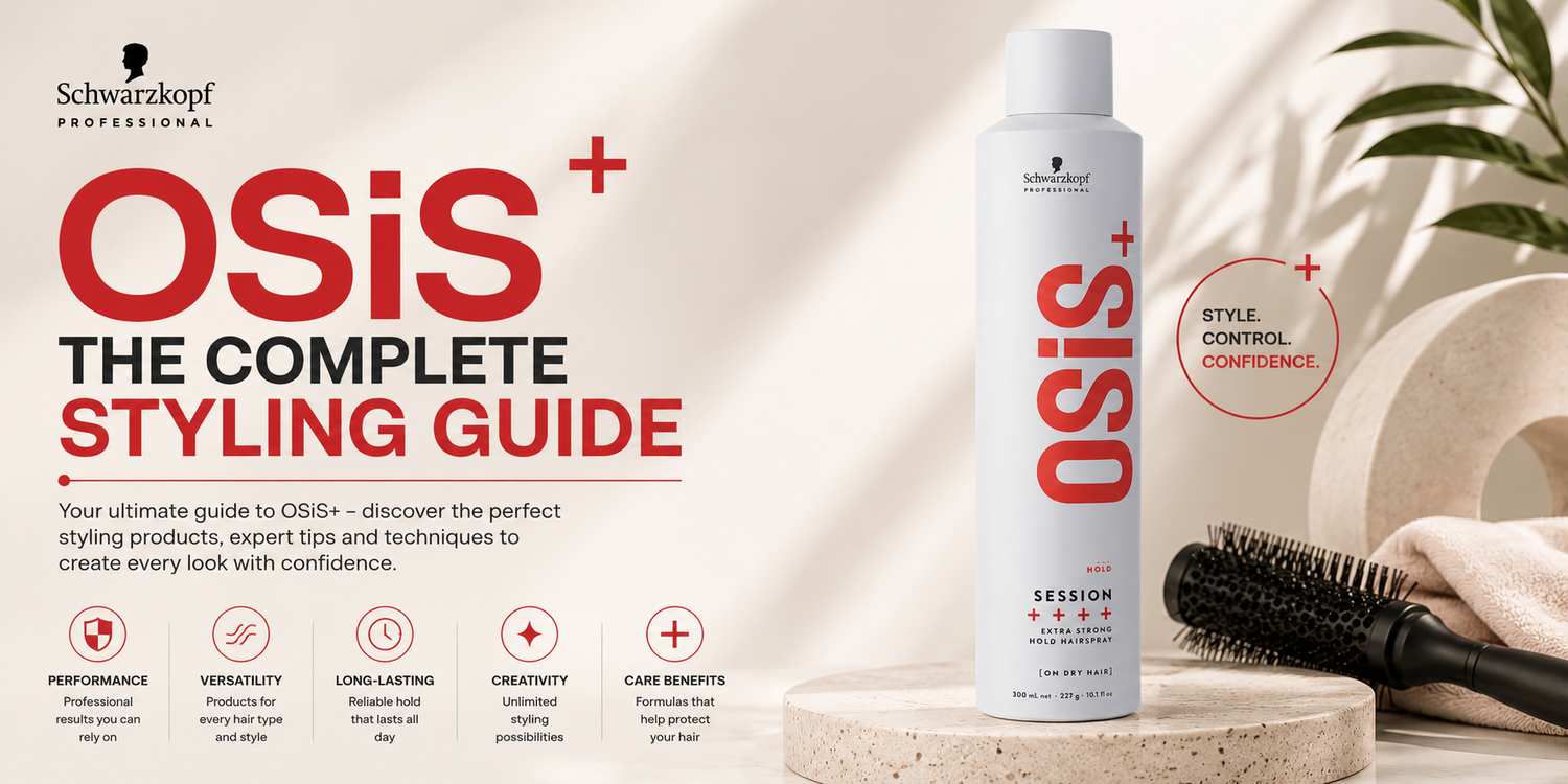 Professional blog banner featuring Schwarzkopf OSiS+ styling products on a modern salon-inspired background with styling tools and clean design elements.