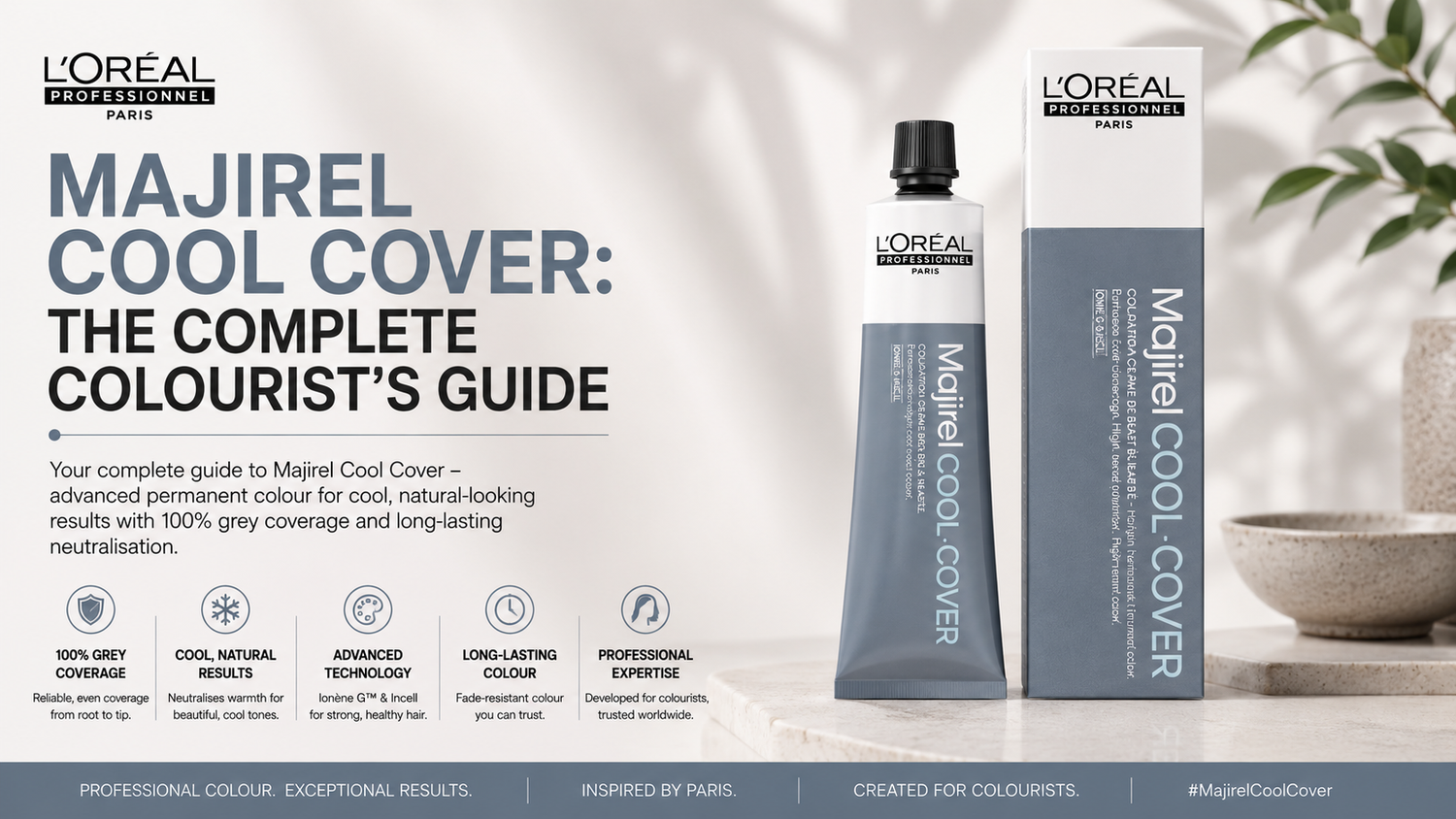 Professional blog banner featuring L'Oréal Majirel Cool Cover permanent hair colour tube and box on a clean salon-inspired background with cool grey-blue tones and modern styling elements.