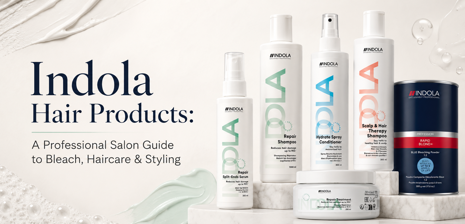 Indola professional haircare and bleaching products displayed in a salon-inspired banner featuring shampoo, conditioner, treatment, serum and bleach powder.