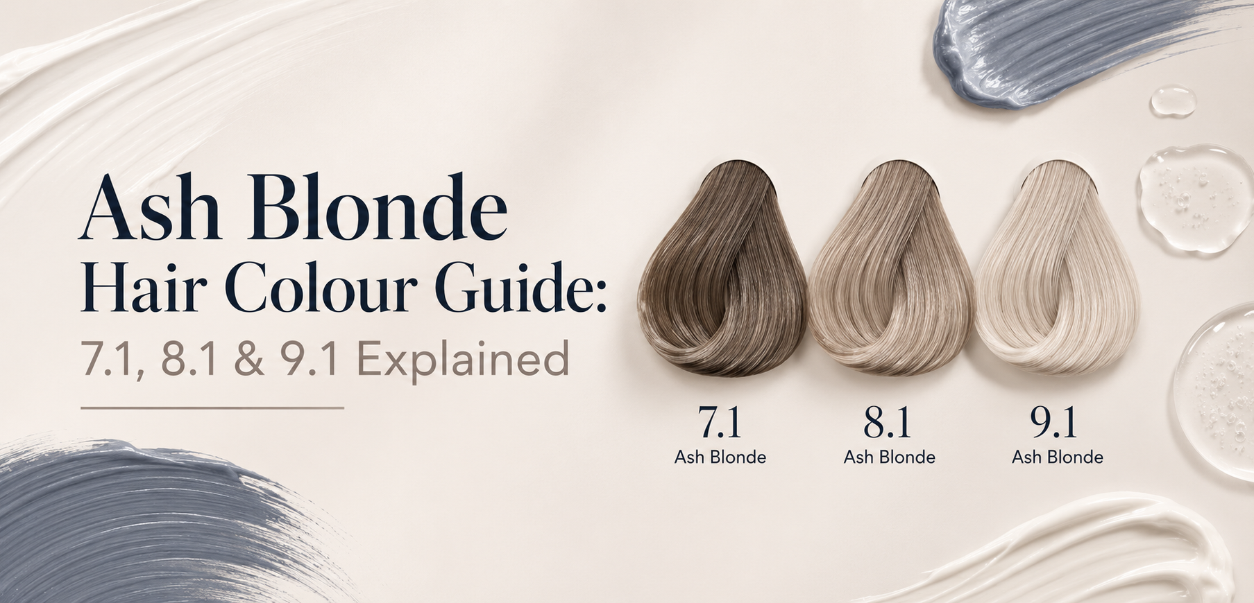  Ash blonde hair swatches showing 7.1, 8.1 and 9.1 shades with cool-toned blonde colour progression.