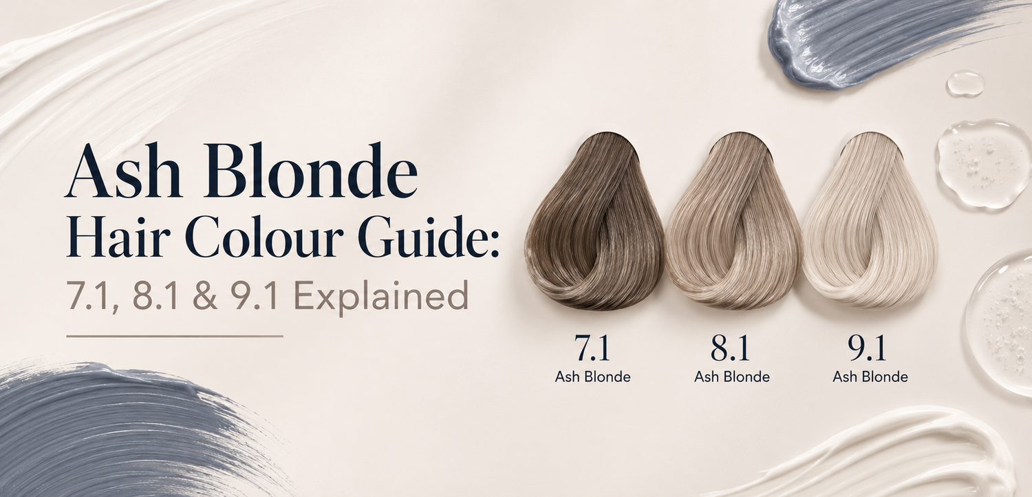 Ash blonde hair swatches showing 7.1, 8.1 and 9.1 shades with cool-toned blonde colour progression.