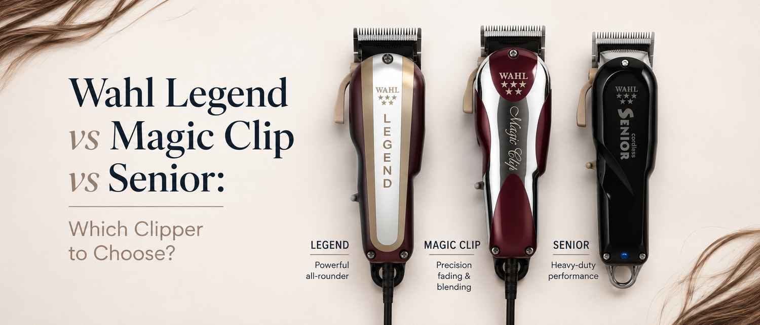 Comparison of Wahl Legend, Magic Clip and Senior hair clippers displayed side by side in a professional barbering guide banner.