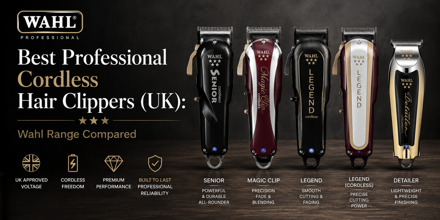 Comparison of Wahl professional cordless hair clippers including Senior, Magic Clip, Legend and Detailer models displayed side by side in a barbering guide banner.