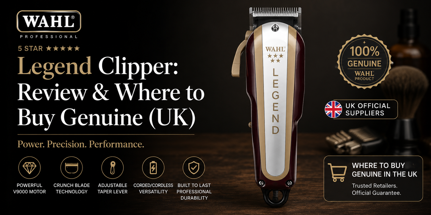 Wahl 5 Star Legend professional hair clipper displayed in a barbering review banner with a close-up of the cordless clipper and premium styling elements.