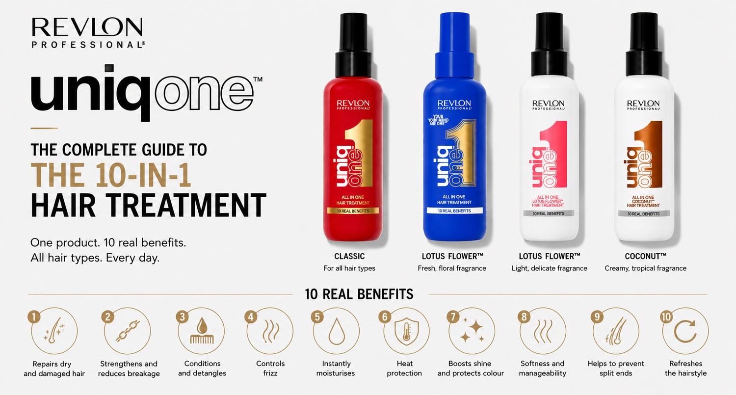 Revlon UniqOne 10-in-1 hair treatment range featuring Classic, Lotus Flower and Coconut variants alongside the product's ten key haircare benefits.