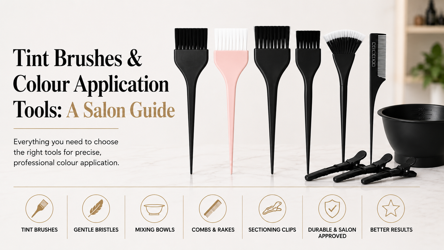 Professional hair colour application tools including tint brushes, sectioning clips, a mixing bowl and a tail comb displayed in a salon guide banner.