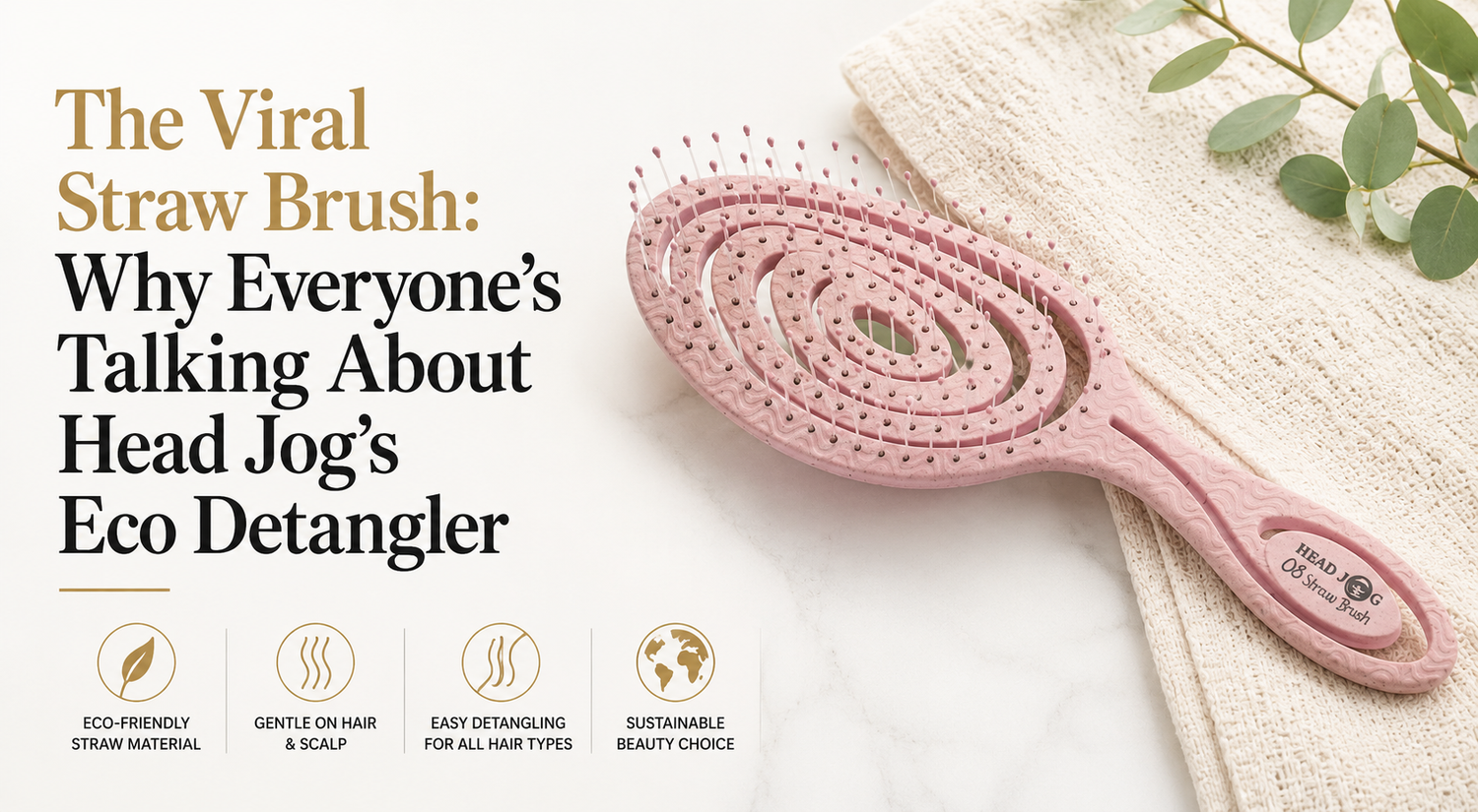 Head Jog Eco Detangler Straw Brush displayed in a natural-inspired beauty banner with an eco-friendly design and soft neutral styling.