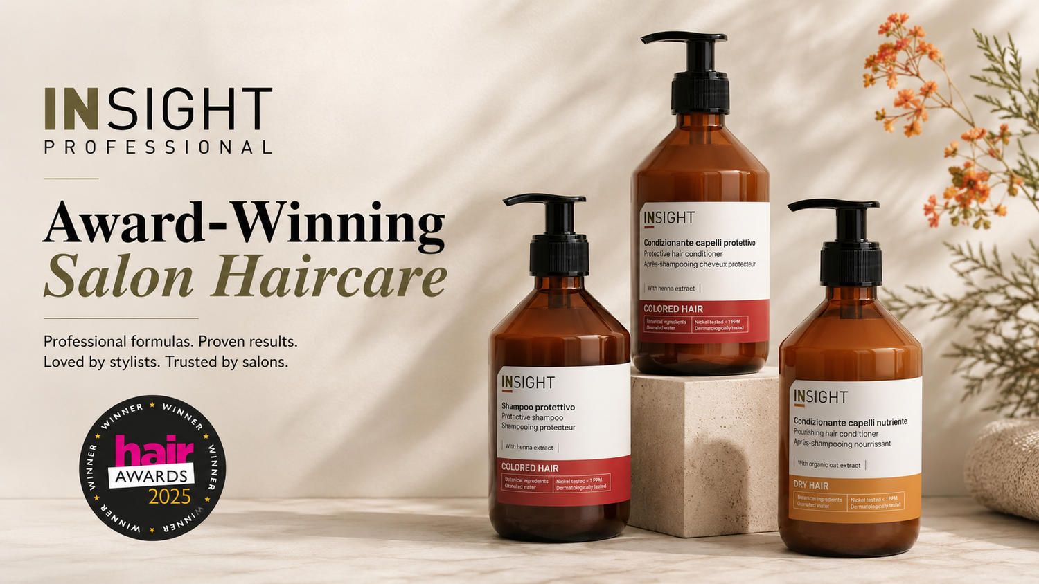Insight Professional award-winning haircare range featuring coloured hair and dry hair shampoo and conditioner products alongside a Hair Awards 2025 winner badge in a premium salon-inspired banner.