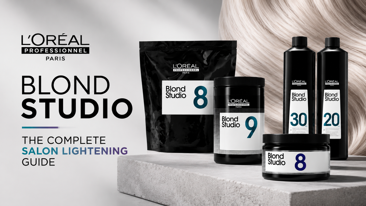 L'Oréal Professionnel Blond Studio lightening range featuring powder lighteners, developers and lightening balm displayed in a clean professional salon banner with blonde hair-inspired styling.