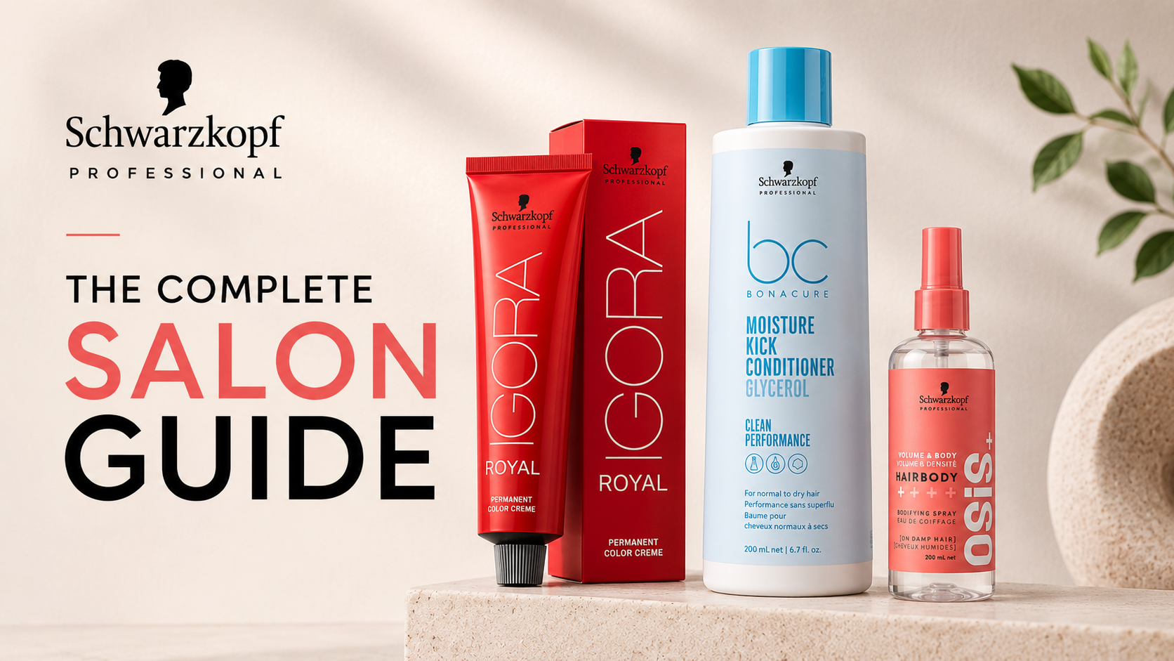 Schwarzkopf Professional salon products including Igora Royal permanent colour, Bonacure Moisture Kick Conditioner and OSiS Hairbody volumising spray displayed in a clean, modern salon-inspired banner.