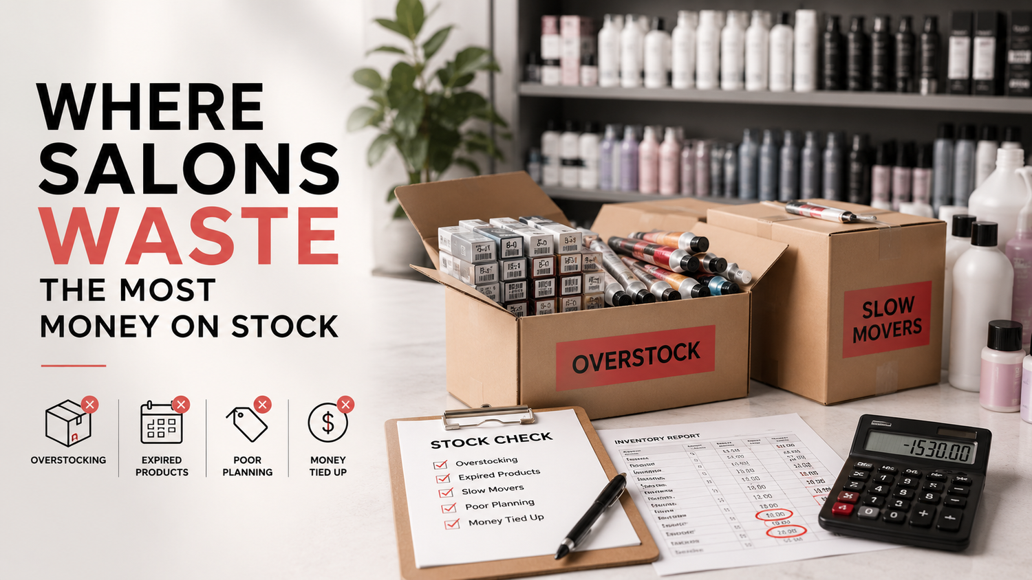 Salon stock management banner featuring overstocked colour products, inventory boxes, stock reports and a calculator illustrating common causes of wasted salon inventory and lost profit.