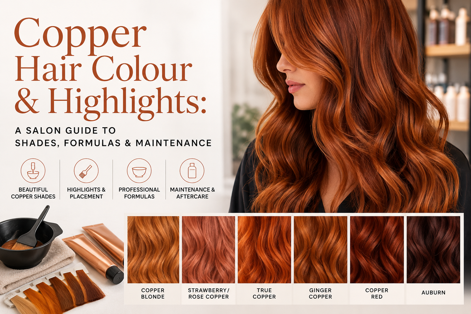 Copper hair colour guide banner featuring a model with glossy copper hair, a copper shade spectrum from copper blonde to auburn, and professional colour application tools in a salon-inspired design.