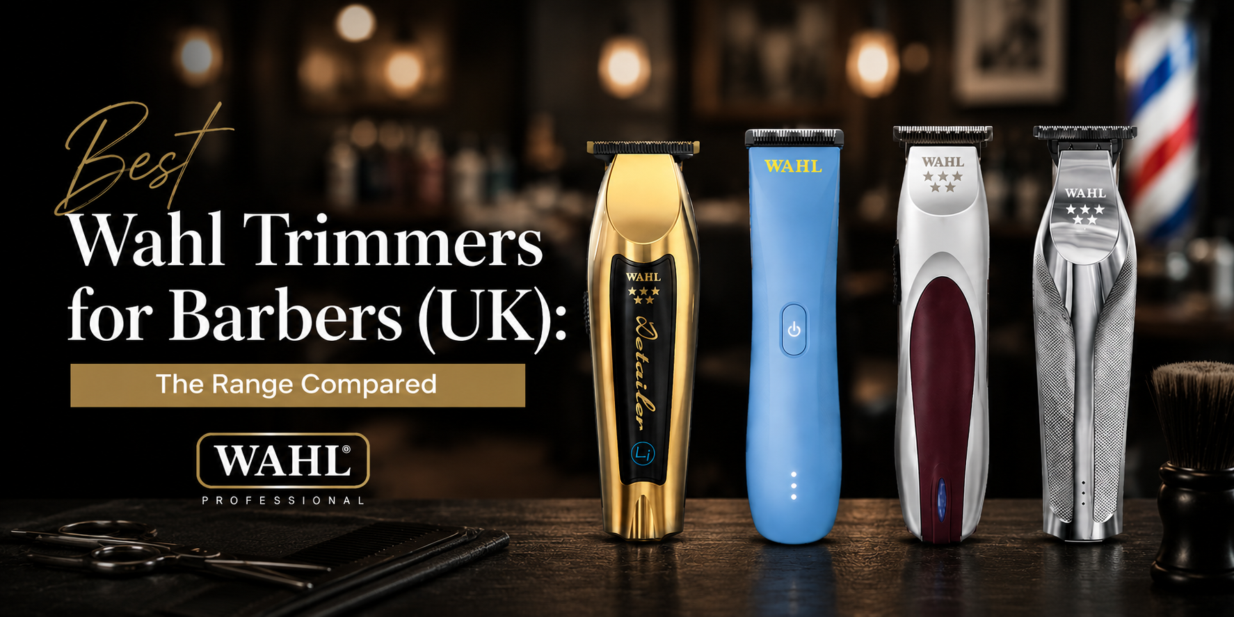 Wahl barber trimmers displayed on a blurred barbershop background.