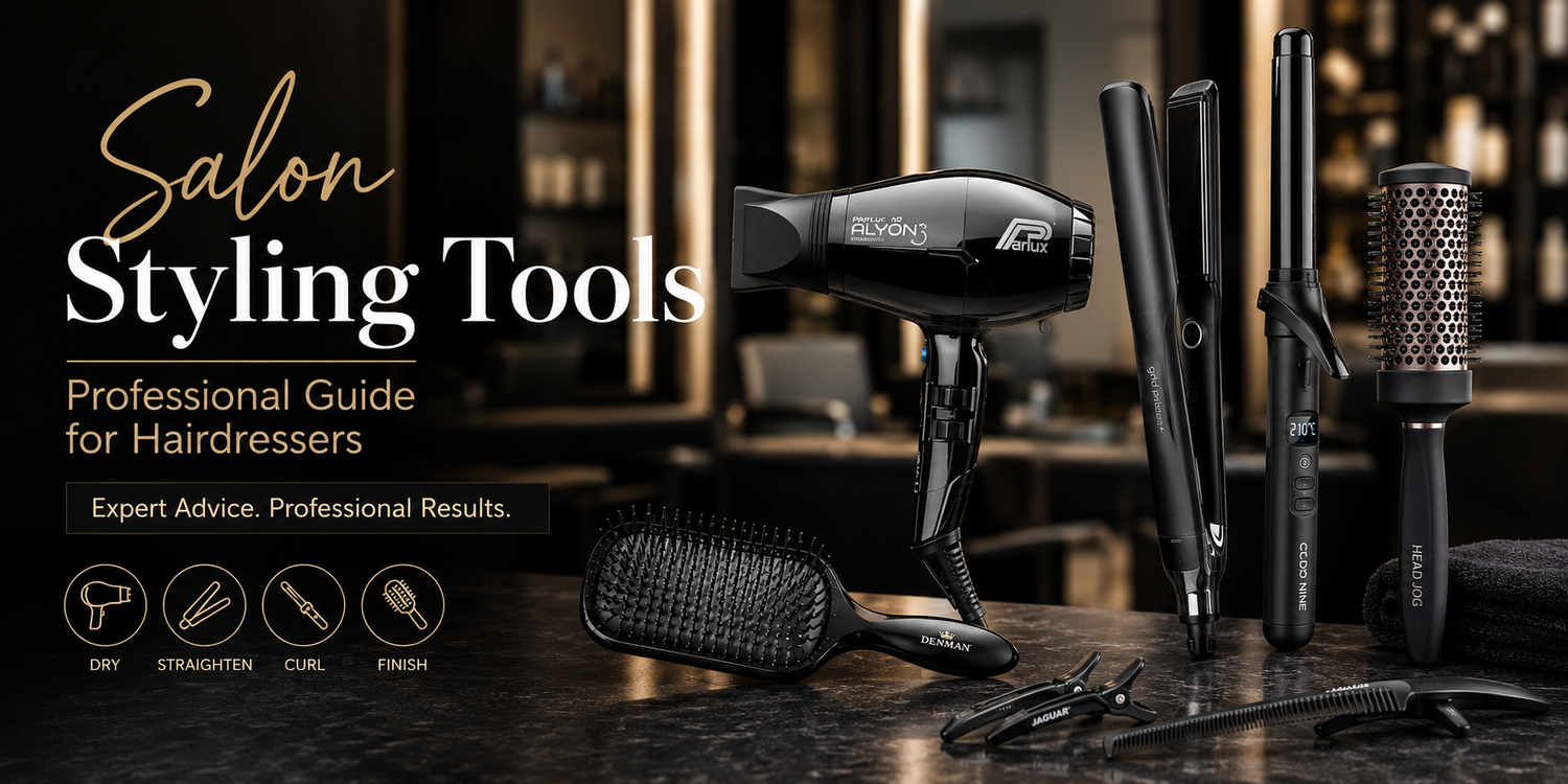 Professional salon styling tools including hair dryers, straighteners, curling irons and brushes.