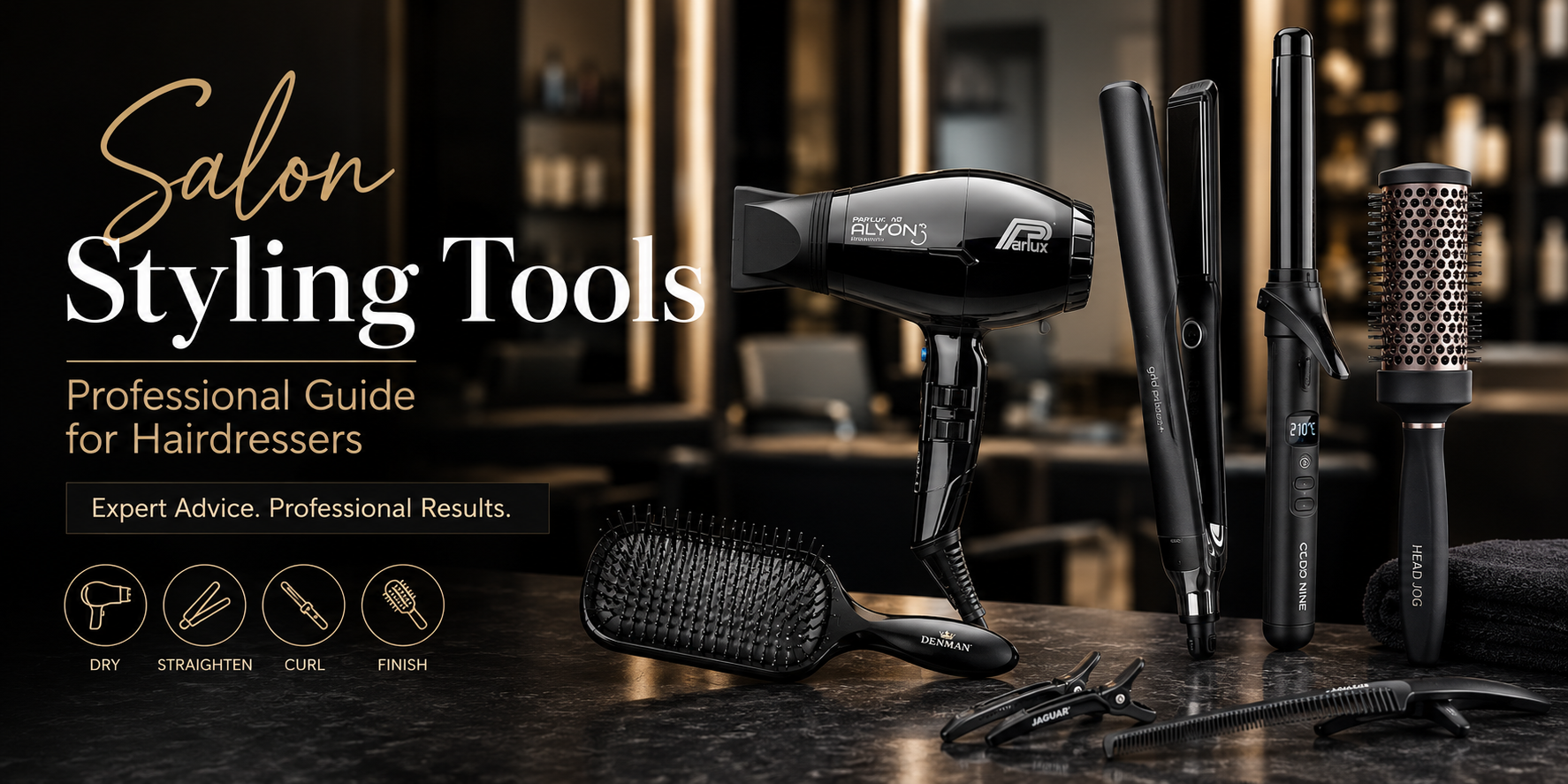 Professional salon styling tools including hair dryers, straighteners, curling irons and brushes.