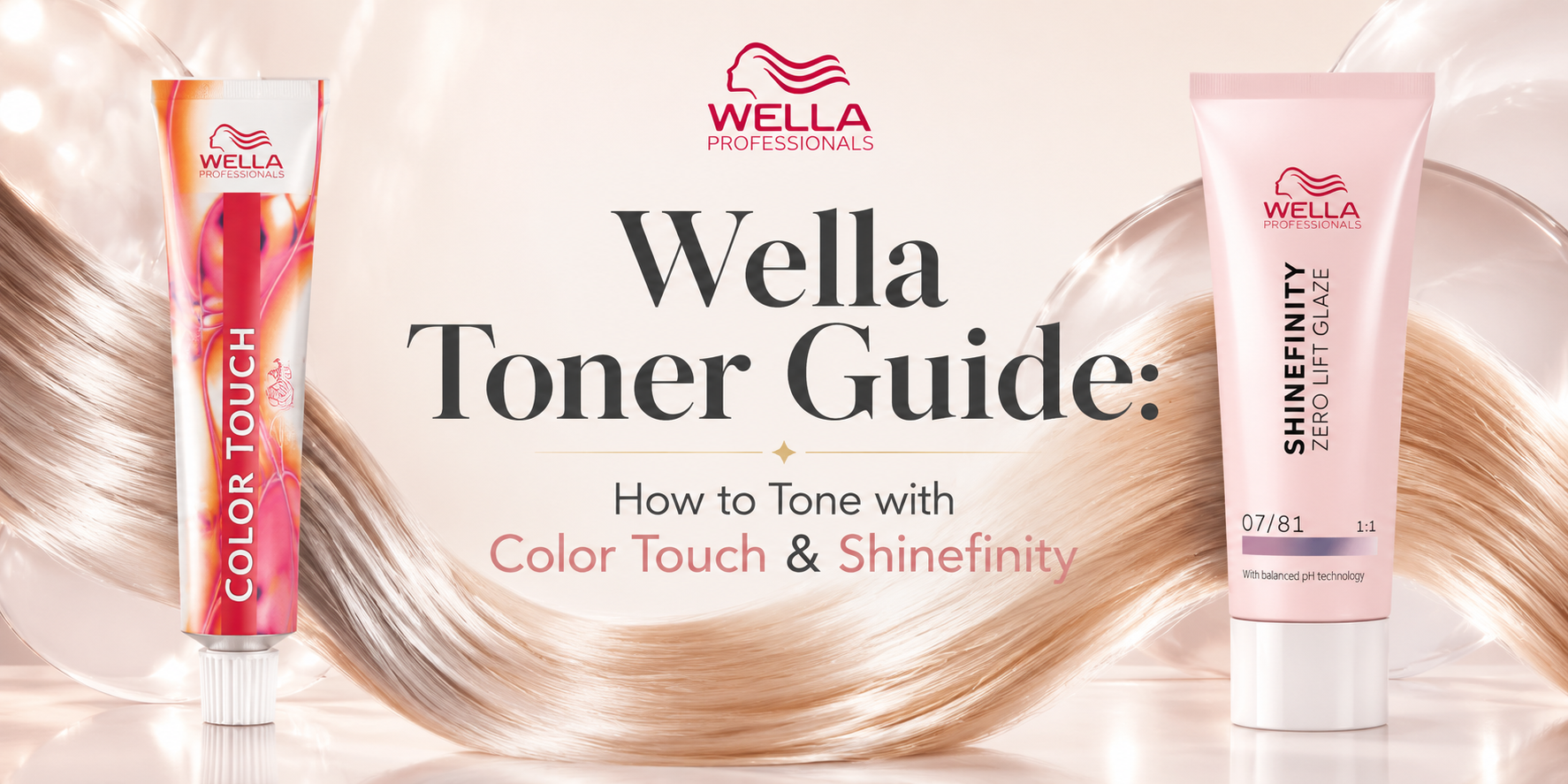 Wella Color Touch and Shinefinity toner products with flowing blonde hair on a premium salon-inspired background.