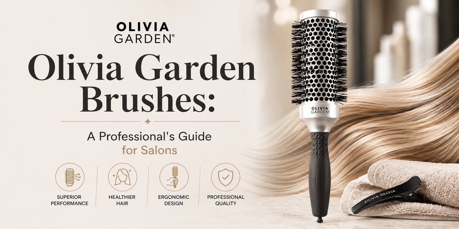 Olivia Garden round brush with flowing blonde hair and premium salon styling accessories.