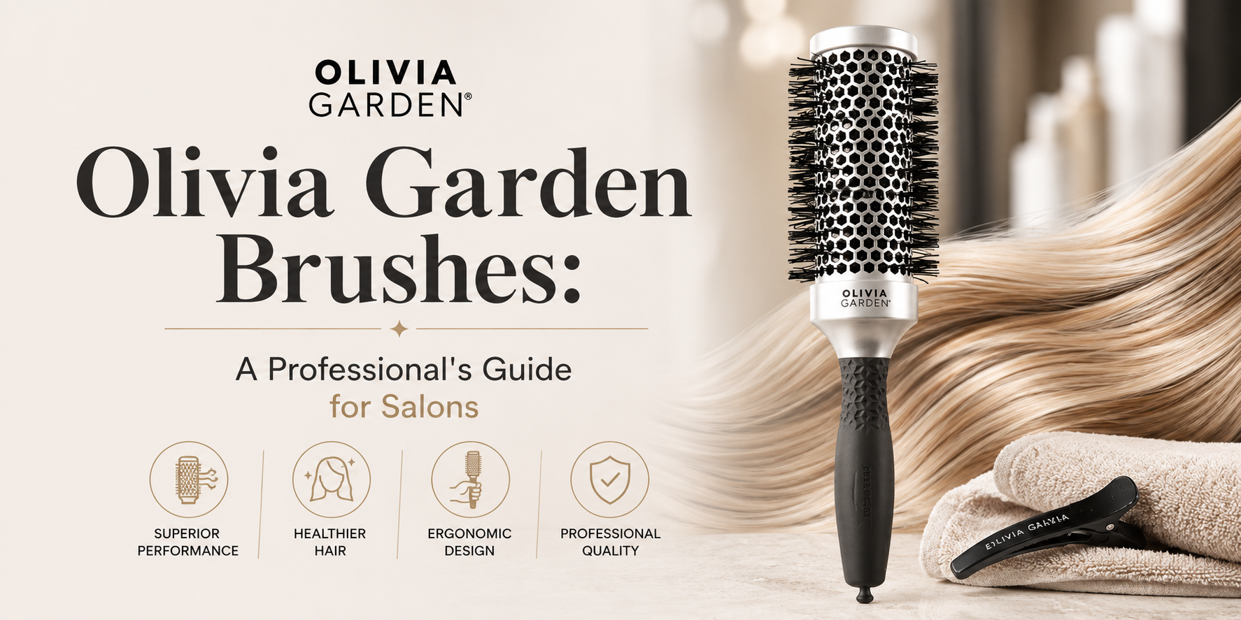 Olivia Garden round brush with flowing blonde hair and premium salon styling accessories.