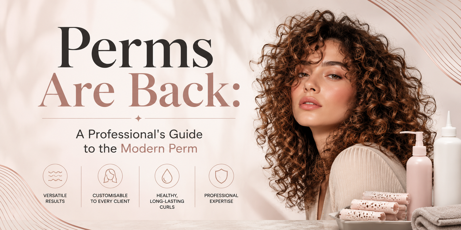 Model with defined curly hair alongside perm rods and salon products on a modern perm education banner.
