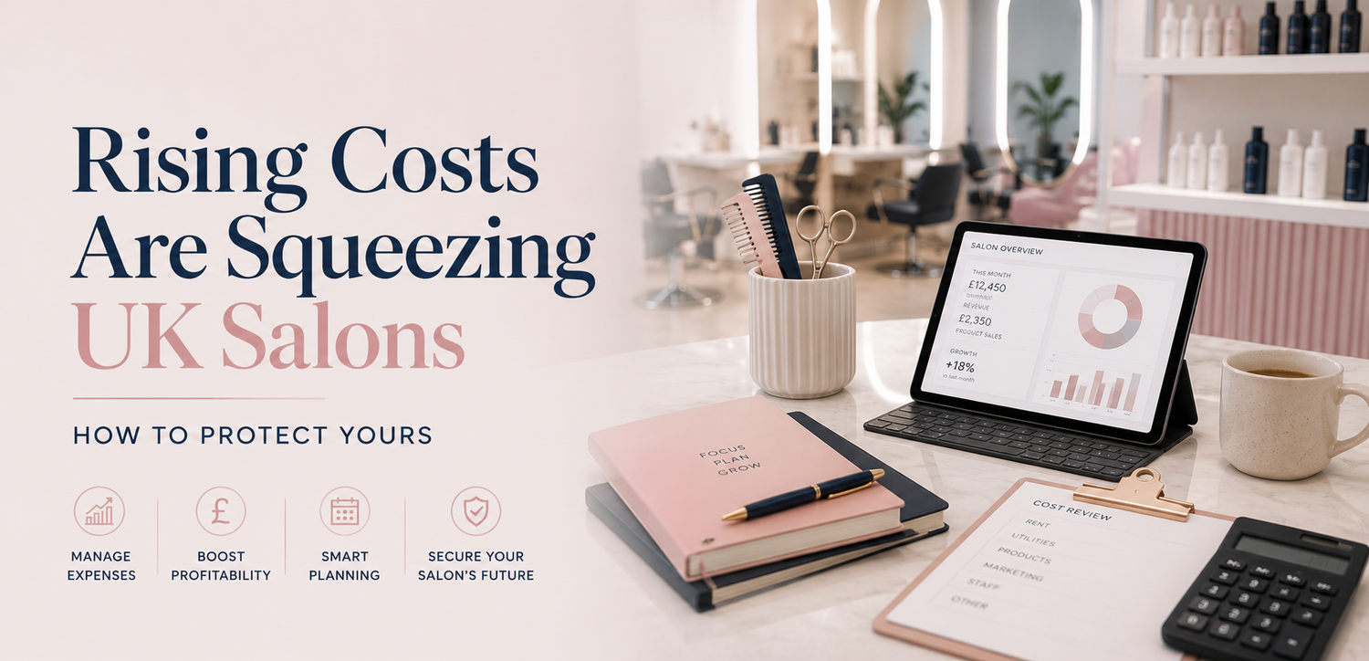 Salon business planning workspace with tablet, calculator and styling tools on a pastel pink desk.