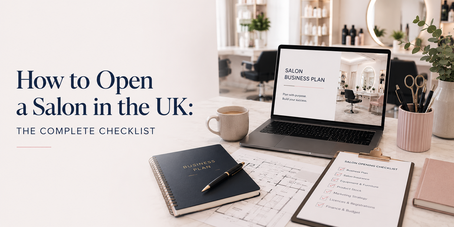 Professional salon business planning workspace with laptop, checklist and salon interior.