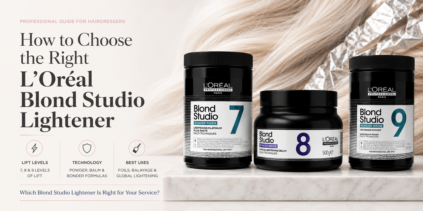 L'Oréal Blond Studio lightener range featuring Multi-Techniques 7, Purple Balm 8 and Bonder Inside 9 professional lighteners.