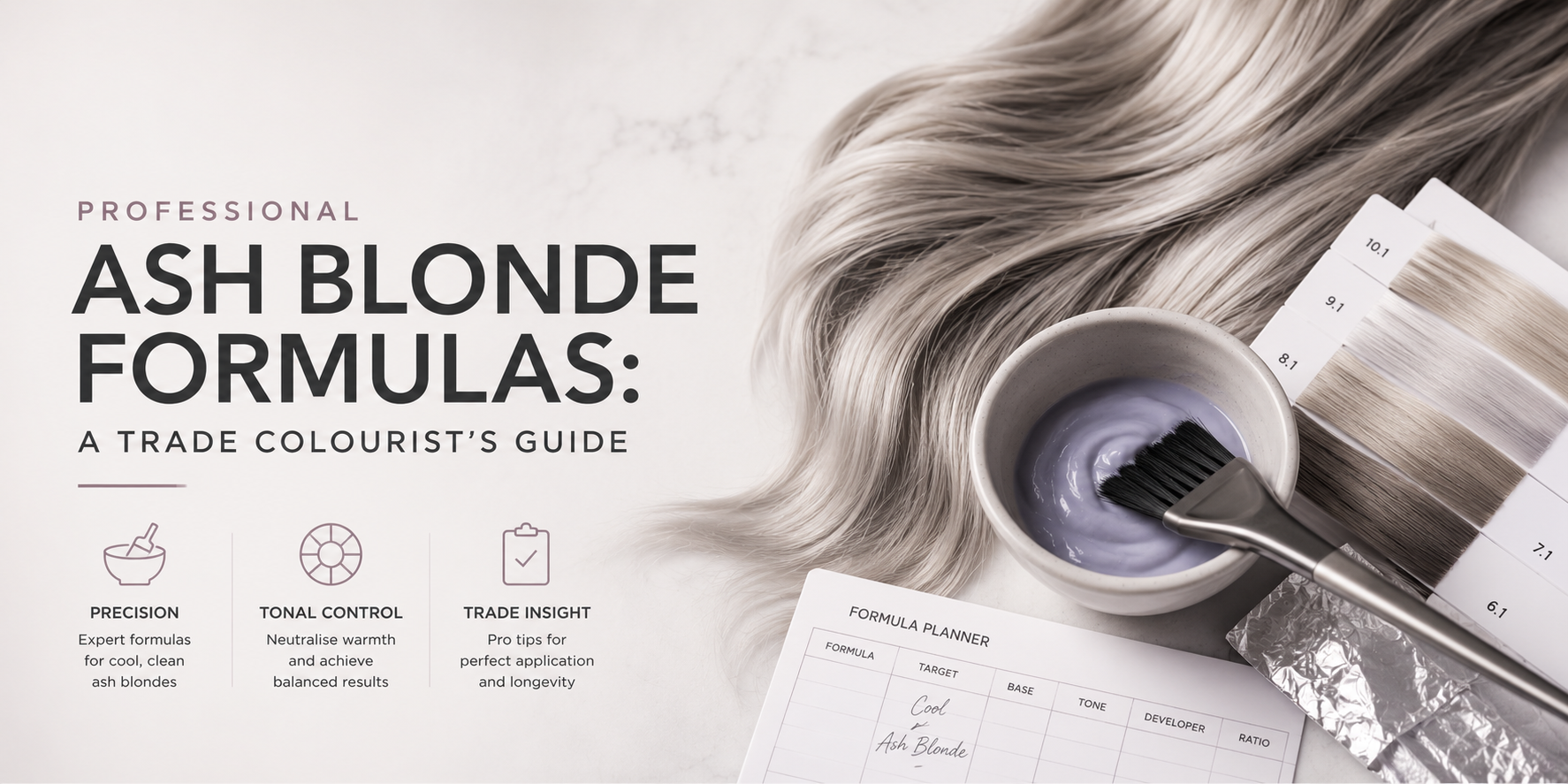 Ash blonde hair colour formulas with toner bowl, tint brush and shade swatches.
