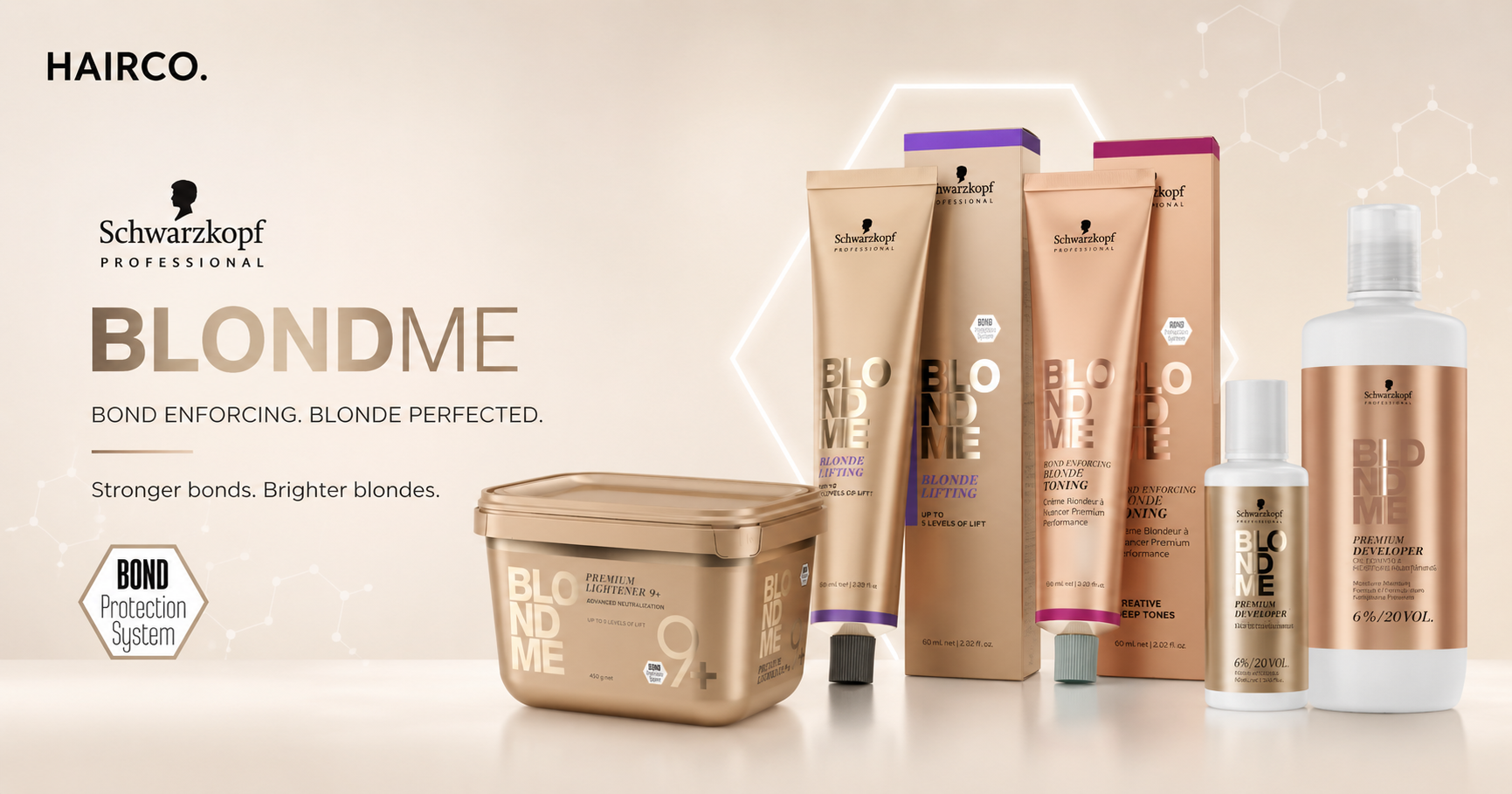 Professional Schwarzkopf BLONDME hair colour collection including blonde lifting, blonde toning, premium developer and lightener products for salon blonding services
