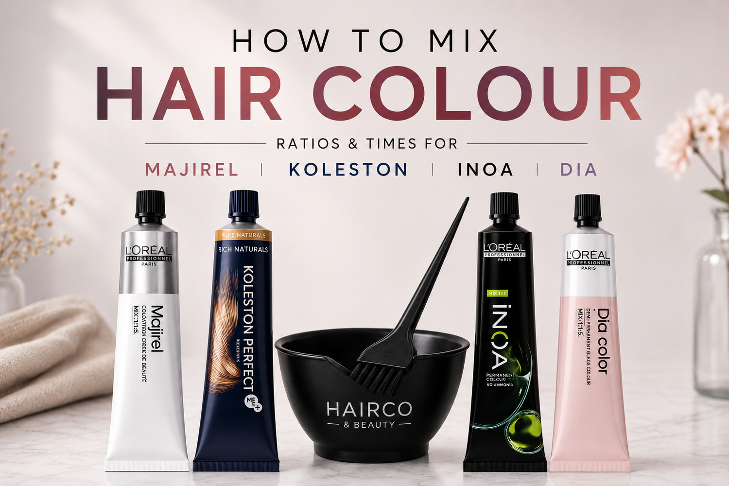 Professional hair colour mixing guide featuring L'Oréal Majirel, Wella Koleston Perfect, L'Oréal INOA and Dia Color with a tint bowl and brush, covering colour mixing ratios and processing times for salon hairdressers.