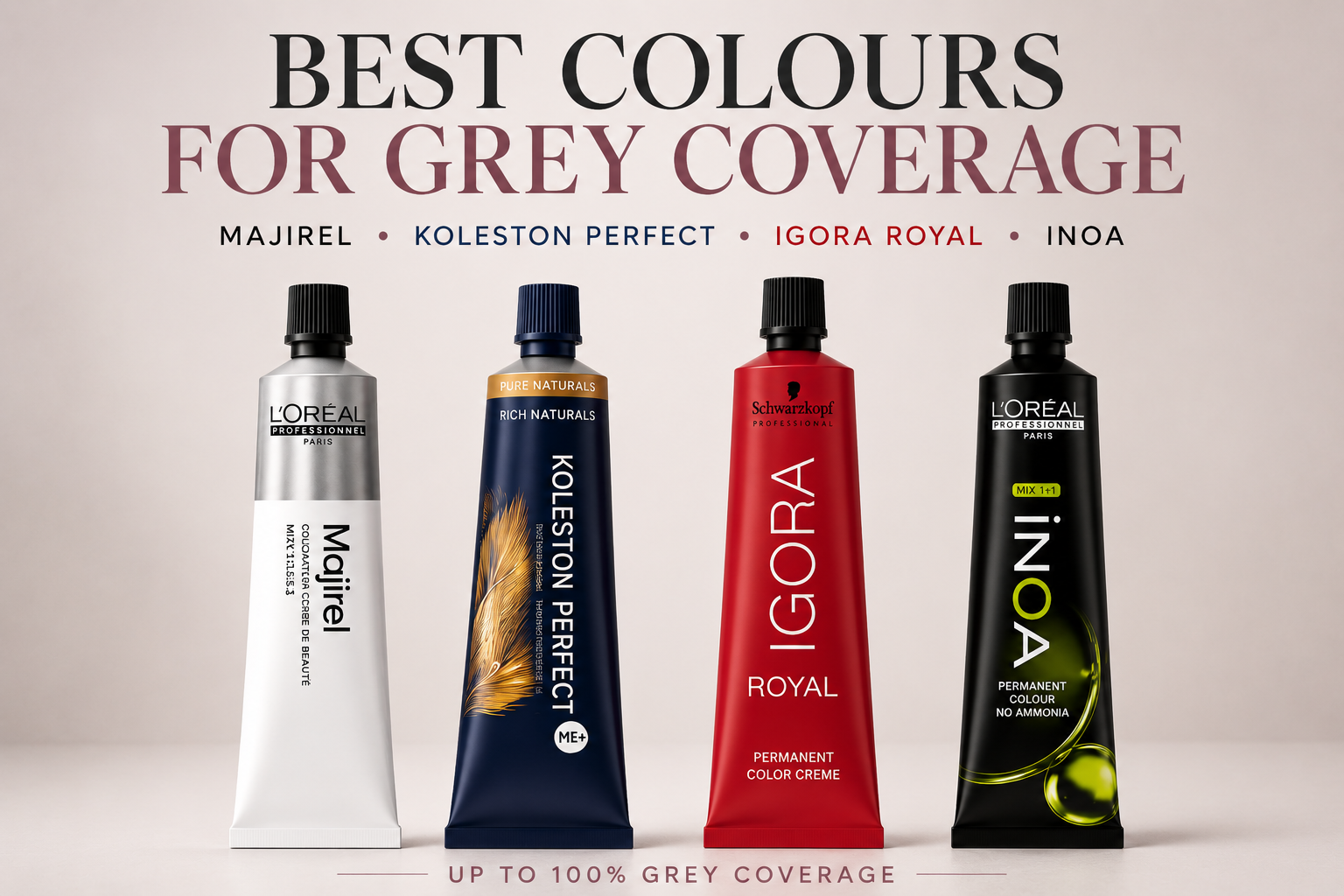 Professional grey coverage hair colour guide featuring L'Oréal Majirel, Wella Koleston Perfect, Schwarzkopf Igora Royal and L'Oréal INOA permanent hair colour ranges for salon-quality white and grey hair coverage.